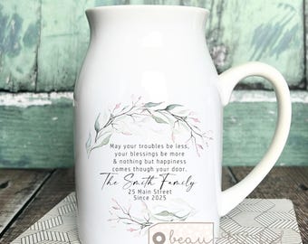 Personalised New Home Sweet Home Address New Home gift Housewarming Botanical Greenery Design Home Quote Mug Jug Small Vase New home gift
