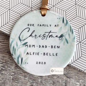 Personalised Christmas Family Gift Tree decoration Names Greenery Gold leaf Design Ceramic or Acrylic Round Ornament Keepsake