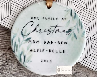 Personalised Christmas Family Gift Tree decoration Names Greenery Gold leaf Design Ceramic or Acrylic Round Ornament Keepsake