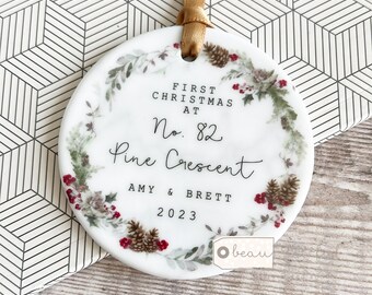 Personalised First Christmas at Address New Home Gift Holly Foliage Wreath Design Ceramic or Acrylic Round Ornament Keepsake