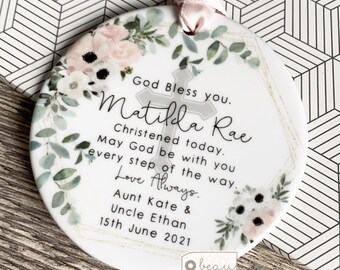 Personalised God bless you Christening Baptism Baby Boy Girl Peach Floral Design Ceramic Round Ornament Keepsake