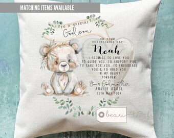 Personalised Christening Baptism Gift Promise to Godchild Godson Goddaughter Teddy bear Greenery Linen Style Cushion Godparent Godmother
