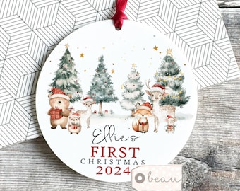 Personalised 1st First Baby Christmas Tree Gift Woodland Santa Hat Animals Christmas gift Bauble Ornament Keepsake Decoration gift