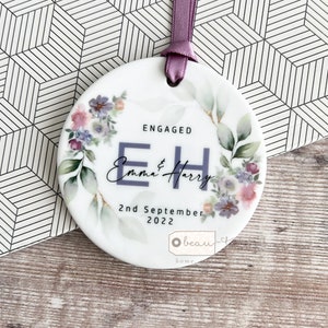 Personalised Engagement gift Engaged mauve blush floral Greenery Leaf Ceramic or Acrylic Round Decoration Ornament Keepsake