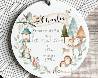 Personalised New Baby Boy Girl Gift Welcome to the world Newborn Woodland Animal Ceramic or acrylic Ornament Keepsake Godchild Grandchild