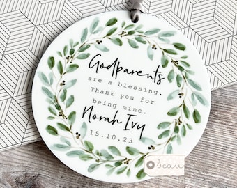 Personalised Thank you Godmother Godfather Godparents Gift Christening Baptism Quote greenery Ceramic or acrylic Round Ornament Keepsake