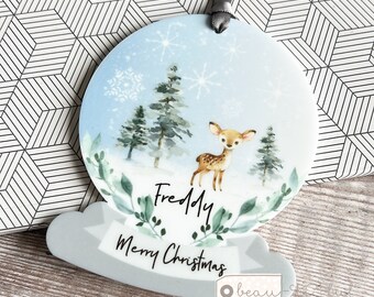 Personalised Merry Christmas Gift snow scene Woodland Deer Design Acrylic Snowglobe Ornament Keepsake Boy gift child gift