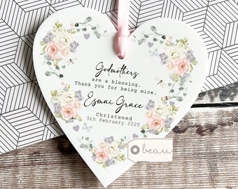 Personalised Godmother Godfather Godparents Gift Thank you Christening Baptism Quote Greenery Peach Floral Heart Keepsake Ornament