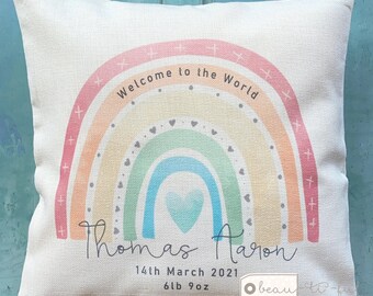 Personalise Welcome to the world New baby Rainbow Design Home Quote Boho Linen Style Cushion cover
