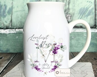 Personalised Loveliest Mum Gran Nanna Grandma Home Quote Wildflower Lilac Lavender Floral Design ceramic Jug Vase mug Birthday  Gift