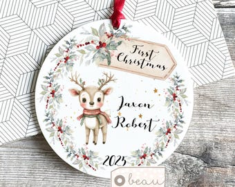 Personalised First Christmas gift Christmas ornament Woodland scene Reindeer Tree Bauble Ornament Keepsake Tree Decoration New Baby gift