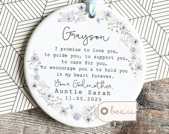 Personalised Promise to Godchild Christening Baptism Gift from Godmother Godfather Godparents Guideparents Greenery Round Ornament Keepsake