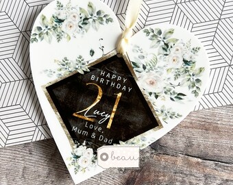 Personalised Milestone Birthday Any age 16 18 21 30 40 50 60 70 80 90 Gift Greenery Heart Acrylic Ornament Gift for her Friendship Keepsake