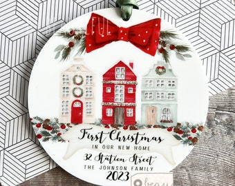 Personalised First Christmas at Address in New Home House New home gift Design Acrylic or Ceramic Round Ornament Keepsake