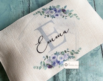 Personalised Name and initial Lilac Floral Design Linen style Fabric Make up Bag Birthday gift for her mum sister friend