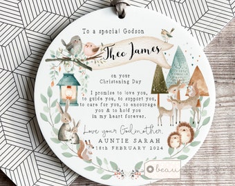 Personalised Promise to Godchild Christening Baptism Gift Baby Godson Grandson Boy Girl Owl Woodland Ceramic or acrylic Ornament Keepsake