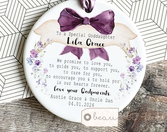 Personalised Promise to Godchild Christening Baptism Baby Boy Girl Bow Greenery Godmother Godparents Godfather Ornament Keepsake