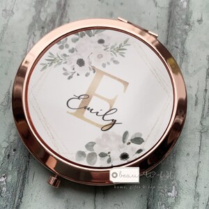 Personalised Name White floral Round Rose Gold Compact Pocket Mirror Keepsake Bridesmaid gift friend gift gift for her
