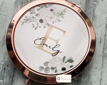 Personalised Name White floral Round Rose Gold Compact Pocket Mirror Keepsake Bridesmaid gift friend gift gift for her