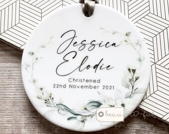 Personalised Christening Baptism gift Godchild Niece Goddaughter Baby Boy Girl White Floral Ceramic or Acrylic Round Ornament Keepsake