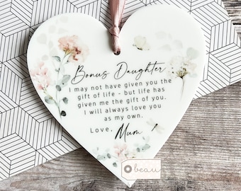 Personalised Bonus Daughter Step daughter from bonus mum Stepmum stepmom Thank you wildflowers Greenery Acrylic heart Ornament Keepsake