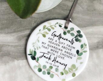 Personalised Thank you Gift Godmother Godfather Godparents Christening Baptism Greenery Design Ceramic or acrylic Round Ornament Keepsake