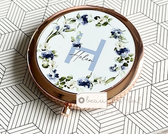Personalised Name and initial Blue Floral Greenery Round Rose Gold Silver Compact Pocket Mirror Keepsake Bridesmaid Gift