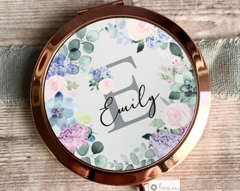 Personalised Name and Initial Lilac Floral Round Rose Gold Compact Pocket Mirror Keepsake