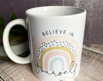 Personalised Believe in yourself Pastel Rainbow Quote Mug - gift mug - cup