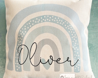 Personalised Rainbow gift Child gift Name Pastel Rainbow Design Home Quote Boho Linen Style Cushion cover