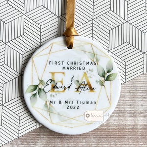 Personalised First Christmas Married Wedding gift Mr Mrs Newlywed Botanical Greenery Design Ceramic or Acrylic Round Ornament Keepsake