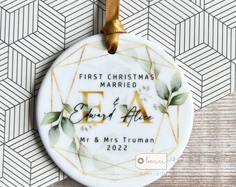 Personalised First Christmas Married Wedding gift Mr Mrs Newlywed Botanical Greenery Design Ceramic or Acrylic Round Ornament Keepsake