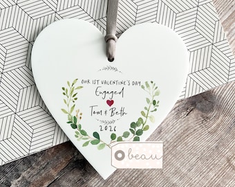 Personalised First Valentine’s Engaged Together Heart Hanging Decoration Ornament Keepsake 1st Valentine gift Mrs Mr Husband Wife to be