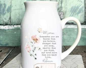 Personalised Friend gift, Remember you are braver Floral Ceramic Small jug vase mug, Friendship Bud vase