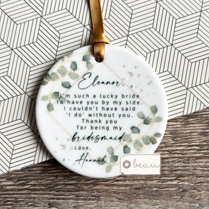 Personalised Thank you Bridesmaid Flower Girl Maid of Honour Gift Geometric Greenery Design Ceramic Decoration Ornament Wedding Keepsake