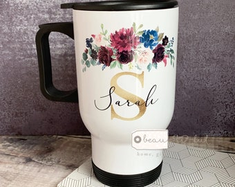 Personalised Name Burgundy Navy Floral Travel Mug - coffee mug - tea mug- hot drink cup