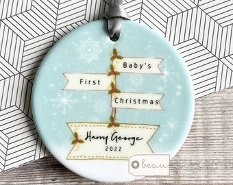 Personalised 1st Christmas Baby Babies Baby’s First Christmas Snowflake Signpost Design Acrylic or ceramic Ornament Keepsake Boy child gift