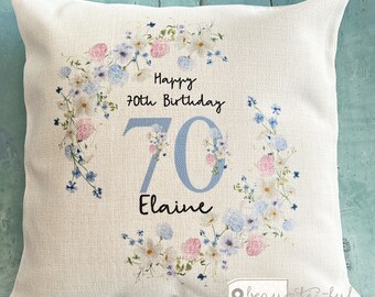 Personalised Special Happy Birthday gift Age Milestone 18 21 30 40 50 60 70 80 90 Blue Floral Design Home Quote Linen Style Cushion cover