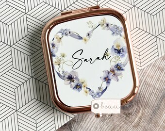 Personalised Name and Initial Lilac Ribbon heart Floral Rectangular Rose Gold Compact Pocket Mirror Keepsake