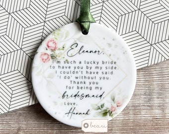 Personalised Thank you gift Bridesmaid Flower Girl Maid of Honour Pink roses Ceramic or Acrylic Round Decoration Ornament Wedding Keepsake