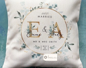 Personalised Names Married Mr Mrs Home Quote Greenery Design Home Quote Linen Style Cushion cover