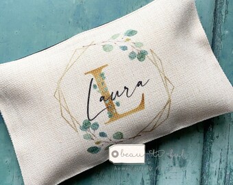 Personalised Name Eucalyptus Design Linen style Fabric Make up Bag Birthday gift for her mum sister friend