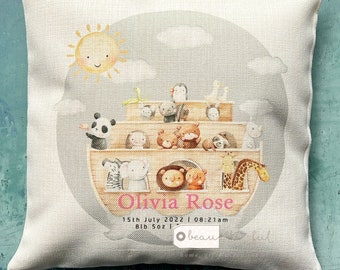 Personalised New Baby Girl Pink Grey Ark Animals Design Home Quote Linen Style Cushion cover - Newborn - Birth - Baby Girl