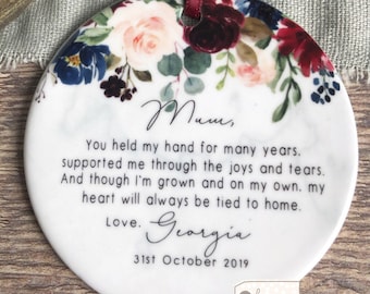 Personalised Mother of Bride Thank you You held my hand Burgundy Navy Ceramic or Acrylic Round Decoration Ornament Wedding Keepsake
