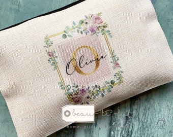 Personalised Name Mauve floral Design Linen style Fabric Make up Bag Birthday gift for her mum sister friend