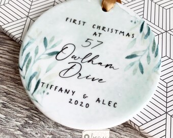 Personalised First Christmas at Address New Home Gift Eucalyptus Botanical Greenery Gold leaf Ceramic or Acrylic Round Ornament Keepsake