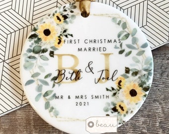 Personalised First Christmas Married Wedding gift Mr Mrs Newlywed Sunflower floral Design Ceramic or Acrylic Round Ornament Keepsake