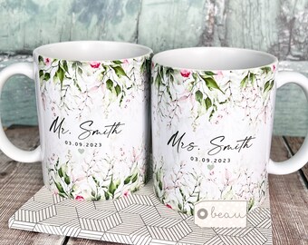 Personalised Wedding gift Mr Mrs Bride Groom Just Married Gift Mug Greenery Wreath Wedding role Ceramic Mug - Tea mug - coffee Mug  Gift mug