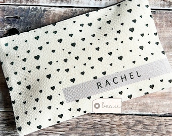 Personalised Name Heart Design Linen style Fabric Make up Bag Birthday gift for her mum sister friend