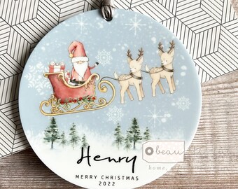 Personalised Merry Christmas Tree Santa Sleigh Christmas gift Bauble Acrylic or ceramic Round Ornament Keepsake Tree Decoration gift